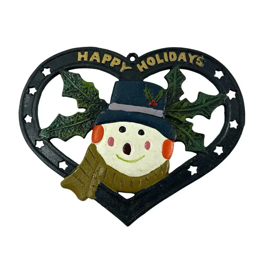 Vintage Cast Iron Happy Holidays Snowman Heart Christmas Trivet 8”